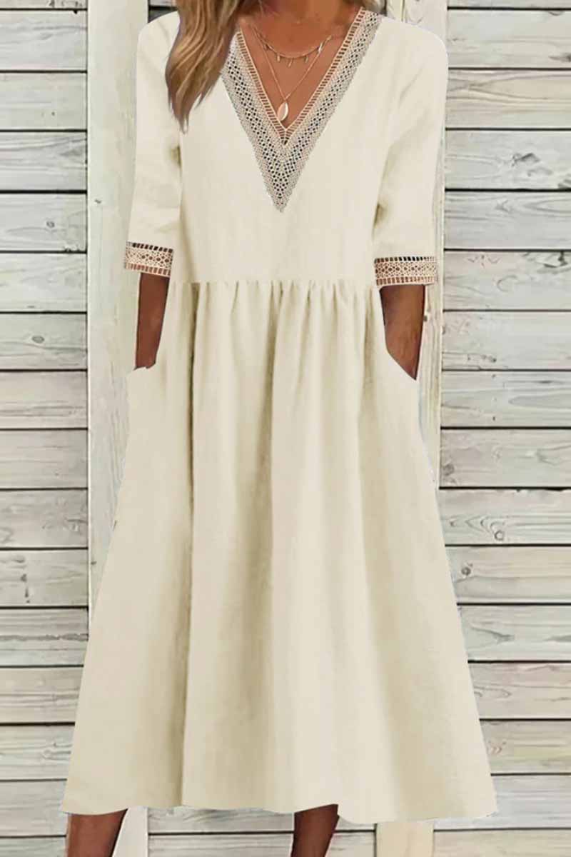 Elegant Solid Patchwork V Neck A Line Dresses(4 Colors)