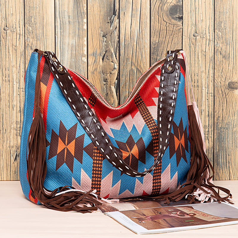 Bolsos casuales universitarios con borlas y bloques de color