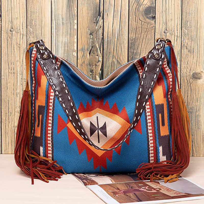 Bolsos casuales universitarios con borlas y bloques de color