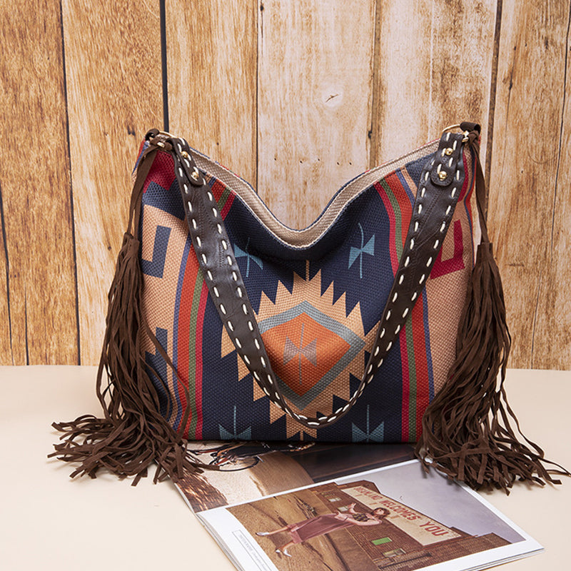 Bolsos casuales universitarios con borlas y bloques de color