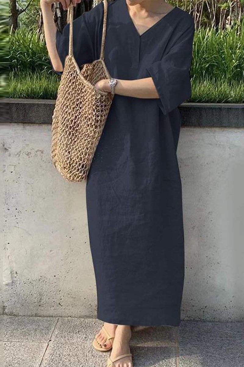 Vestidos casuales de falda de un solo paso con cuello en V sólido