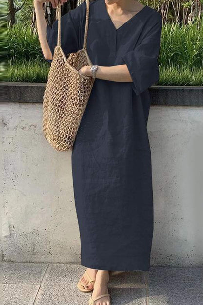 Vestidos casuales de falda de un solo paso con cuello en V sólido