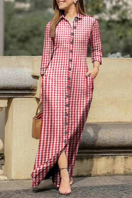 Vestido camisero informal con cuello vuelto y bolsillo estampado