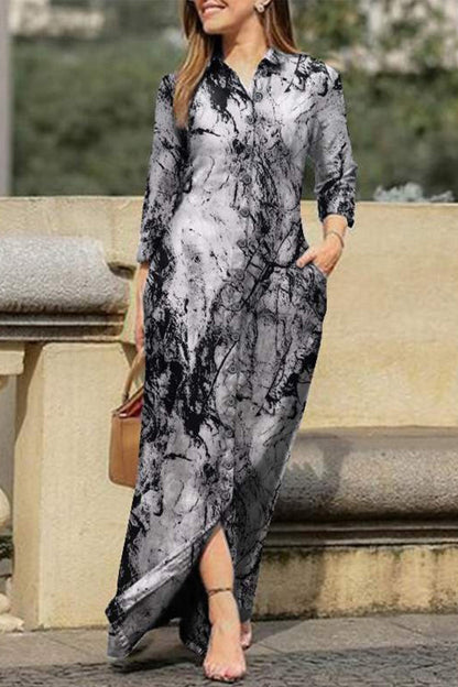 Vestido camisero informal con cuello vuelto y bolsillo estampado