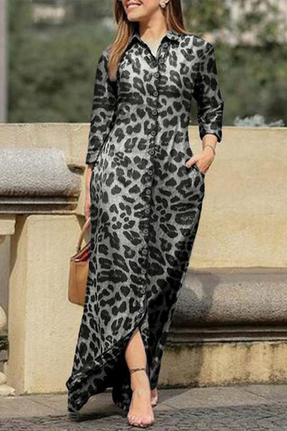 Vestido camisero informal con cuello vuelto y bolsillo estampado