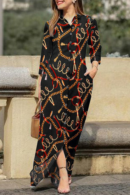 Vestido camisero informal con cuello vuelto y bolsillo estampado