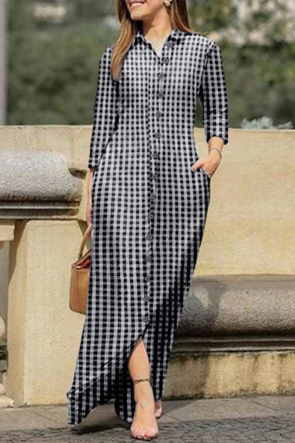 Vestido camisero informal con cuello vuelto y bolsillo estampado