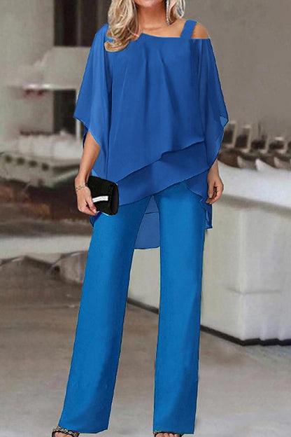 Conjunto informal de dos piezas con cuello oblicuo y parches lisos (5 colores)