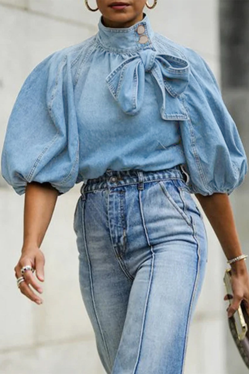 Casual Solid Patchwork Mandarin Collar Blouses