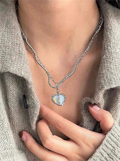 Y2k Heart Rhinestone Double Layer Pendant