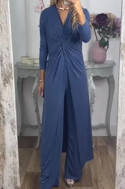 Conjunto informal de dos piezas con cuello en V, manga larga y pliegues lisos