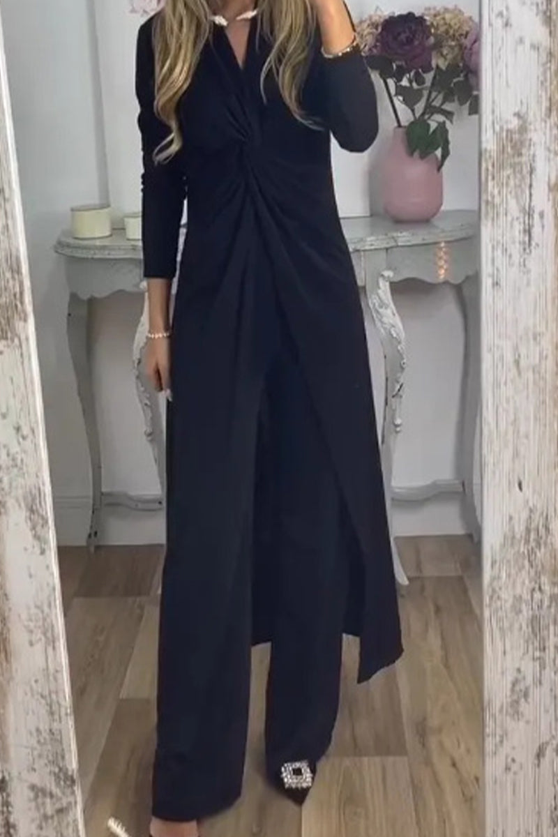 Conjunto informal de dos piezas con cuello en V, manga larga y pliegues lisos