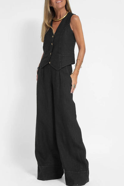 Conjunto informal de dos piezas con cuello en V, sin mangas y cuentas lisas