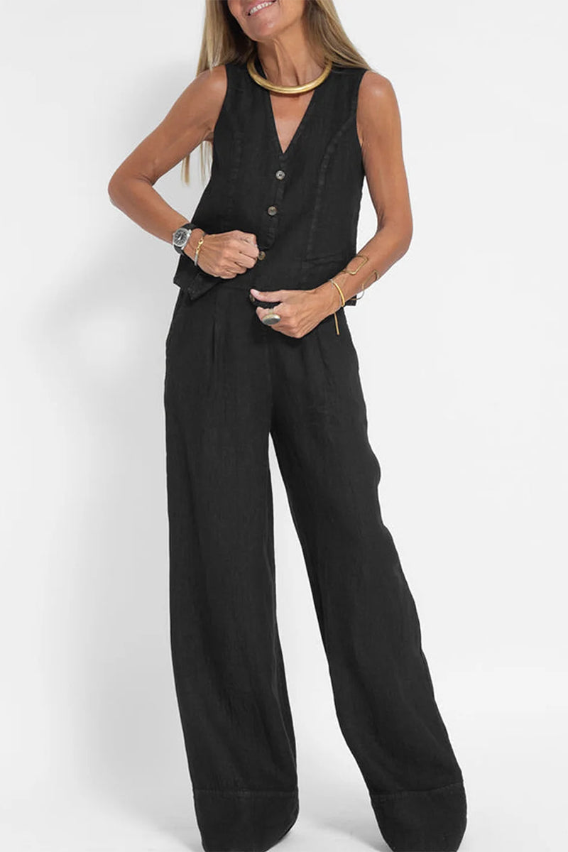 Conjunto informal de dos piezas con cuello en V, sin mangas y cuentas lisas