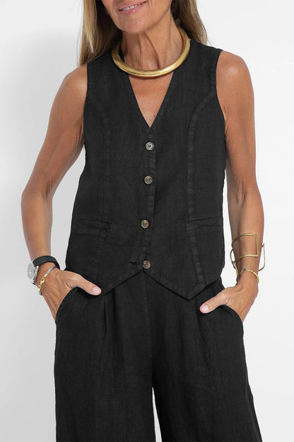 Conjunto informal de dos piezas con cuello en V, sin mangas y cuentas lisas