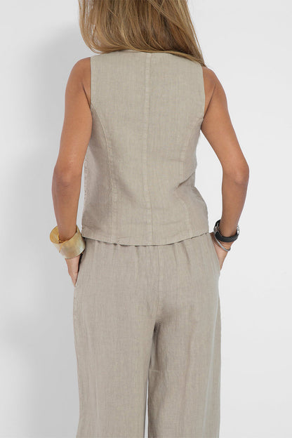 Conjunto informal de dos piezas con cuello en V, sin mangas y cuentas lisas
