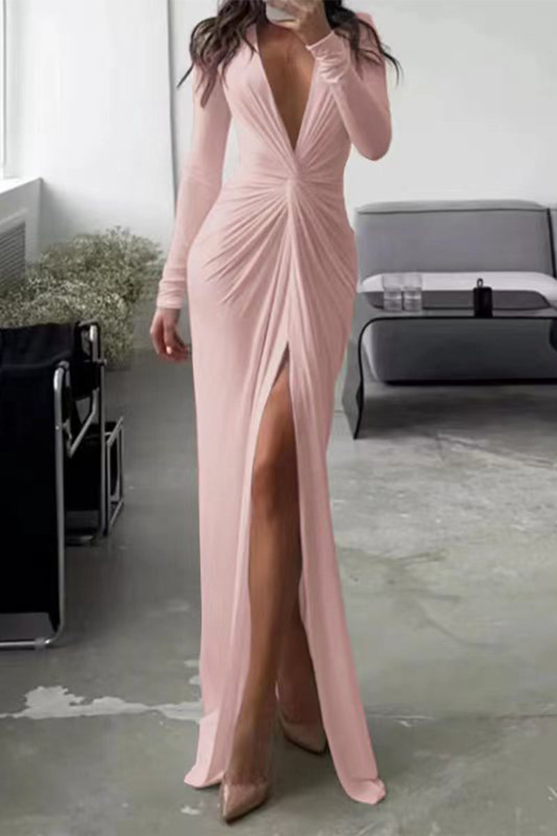 Elegantes vestidos plisados con escote en V y pliegues sólidos