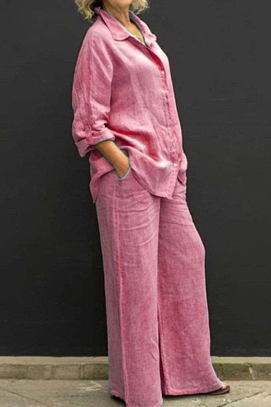 Conjunto informal sencillo de dos piezas con cuello vuelto, manga larga y bolsillos lisos