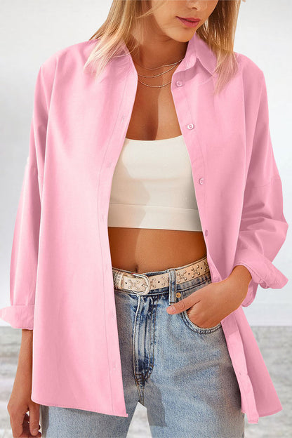 Casual Simplicity Solid Buttons Turndown Collar Tops