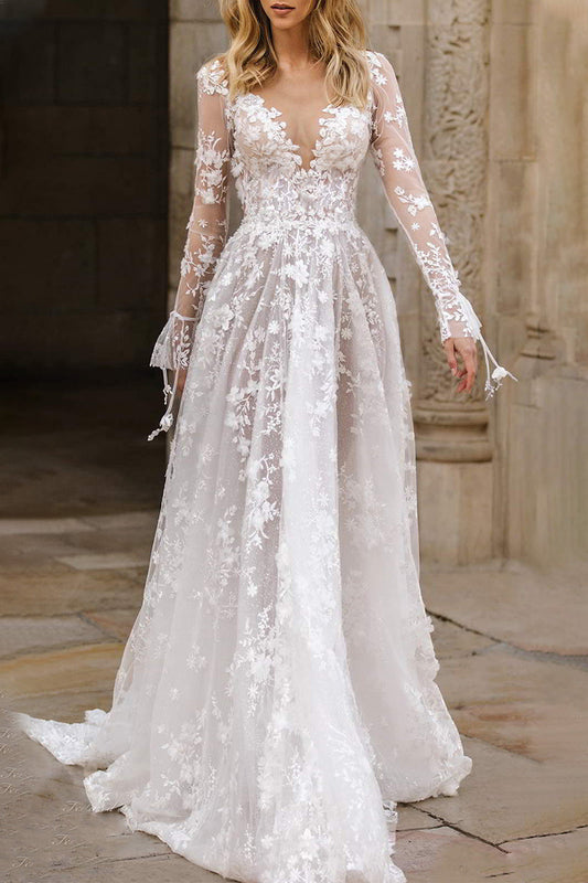 Vestido de noche formal de encaje liso con patchwork y escote en V