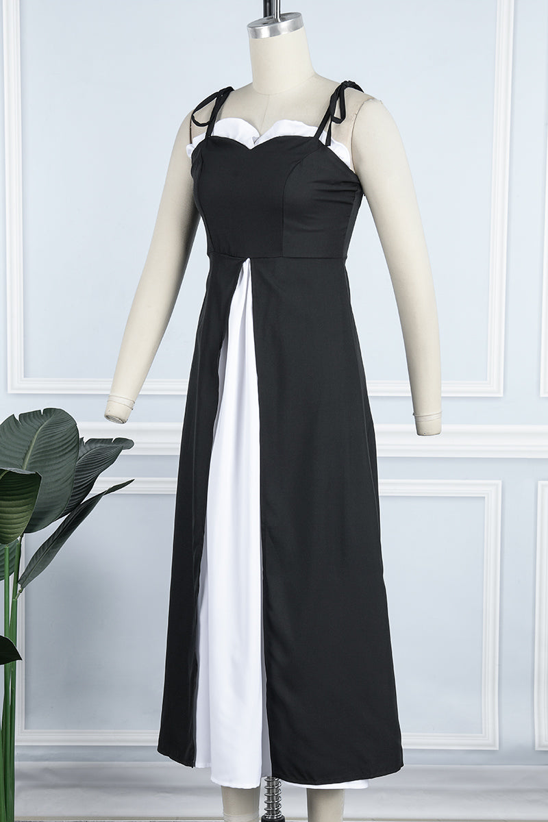 Vestido sexy informal de patchwork con espalda descubierta, abertura en contraste, tirantes finos, sin mangas