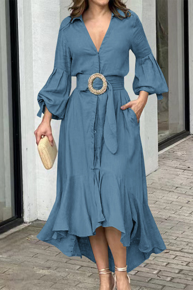Street Solid With Belt V Neck A Line Dresses(6 Colors)