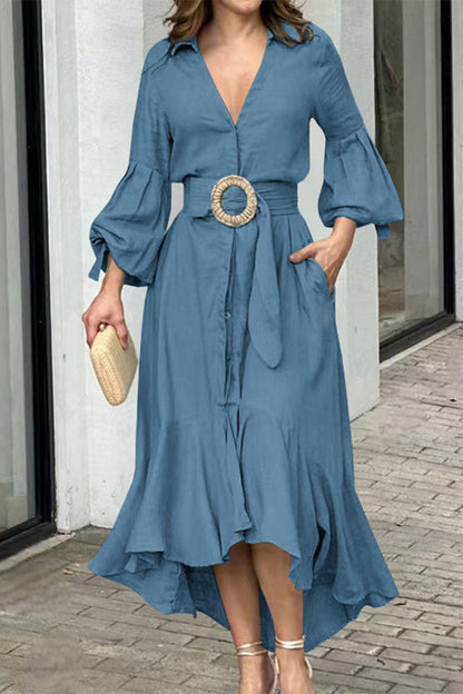 Street Solid With Belt V Neck A Line Dresses(6 Colors)