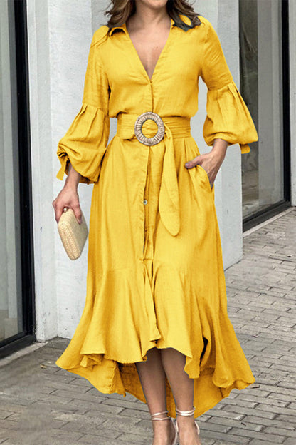 Street Solid With Belt V Neck A Line Dresses(6 Colors)