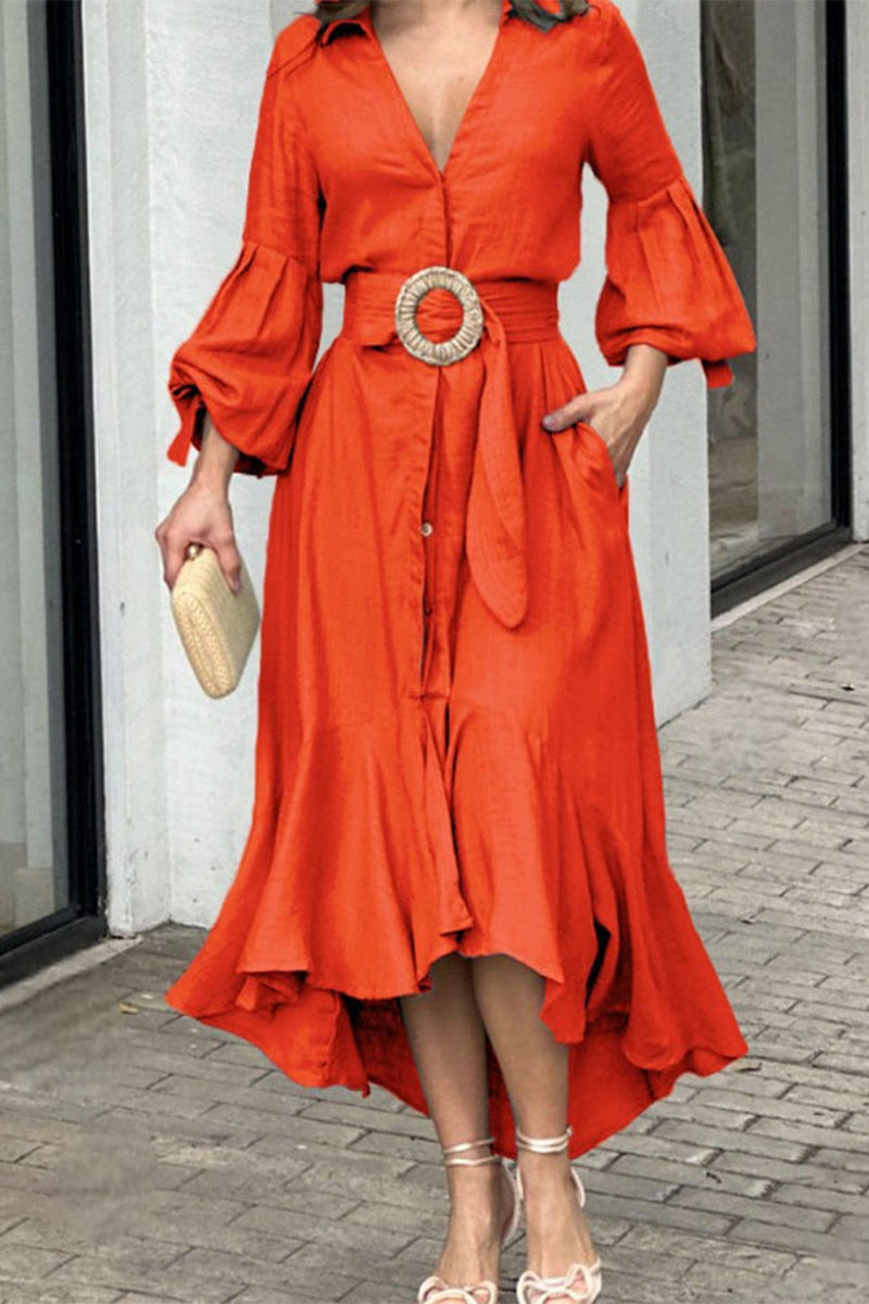 Street Solid With Belt V Neck A Line Dresses(6 Colors)