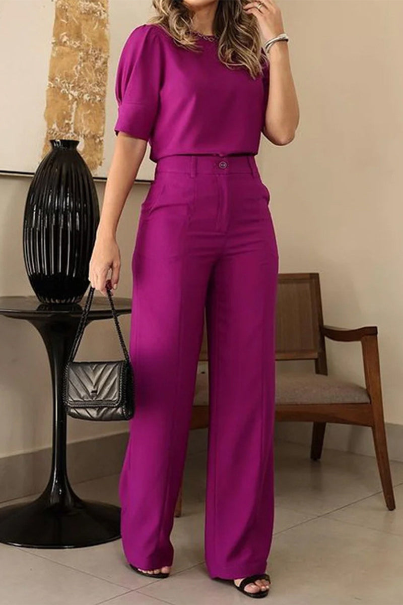 Conjunto informal elegante de dos piezas con cuello redondo, manga corta y bolsillos sólidos