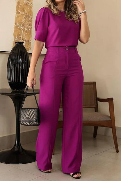 Conjunto informal elegante de dos piezas con cuello redondo, manga corta y bolsillos sólidos