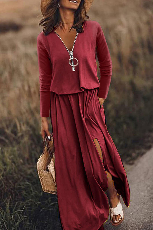 Vestido informal de patchwork con cremallera y cuello en V irregular