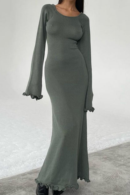 Casual Solid Backless Stringy Selvedge O Neck Long Sleeve Dresses