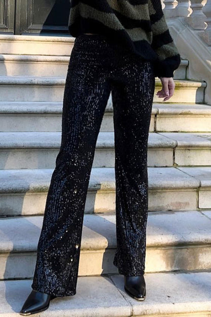 Casual British Style Solid Sequins Loose Low Waist Straight Solid Color Bottoms