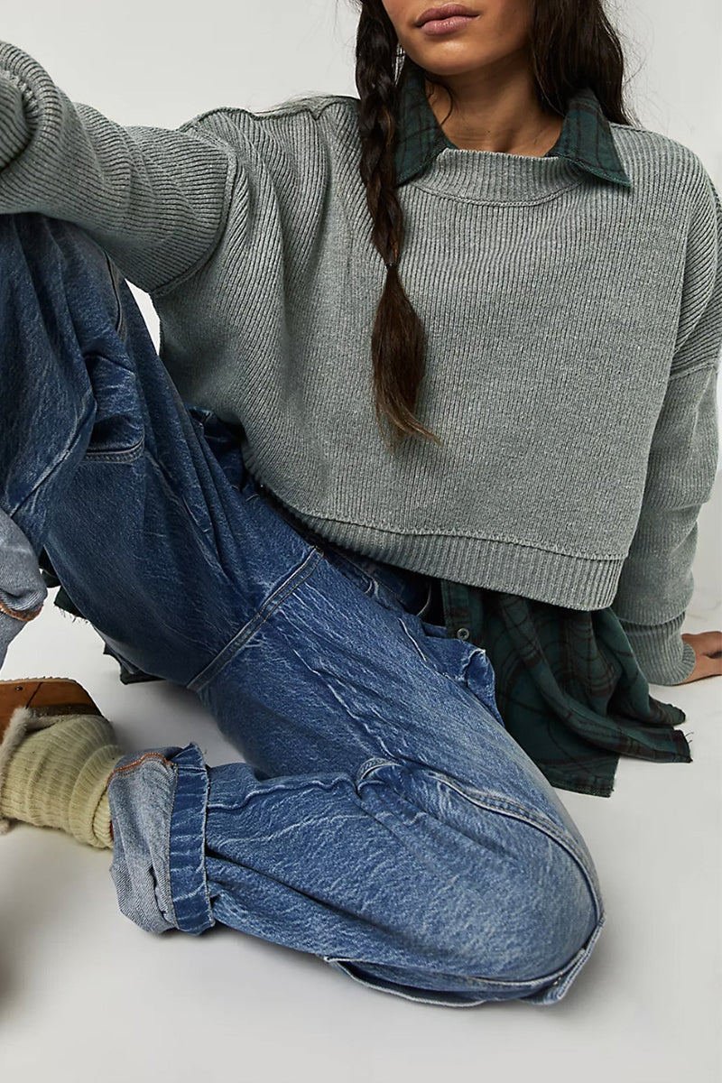 Tops casuales de cuello redondo con parches sólidos