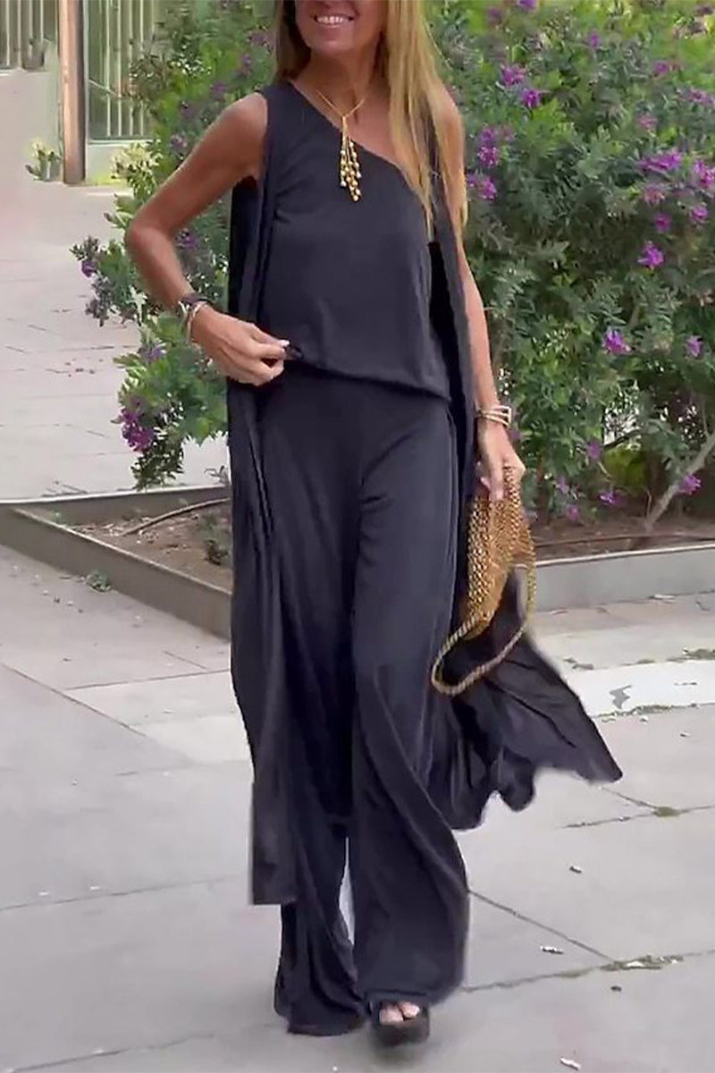 Conjunto informal de tres piezas, liso, con cuello oblicuo y sin mangas