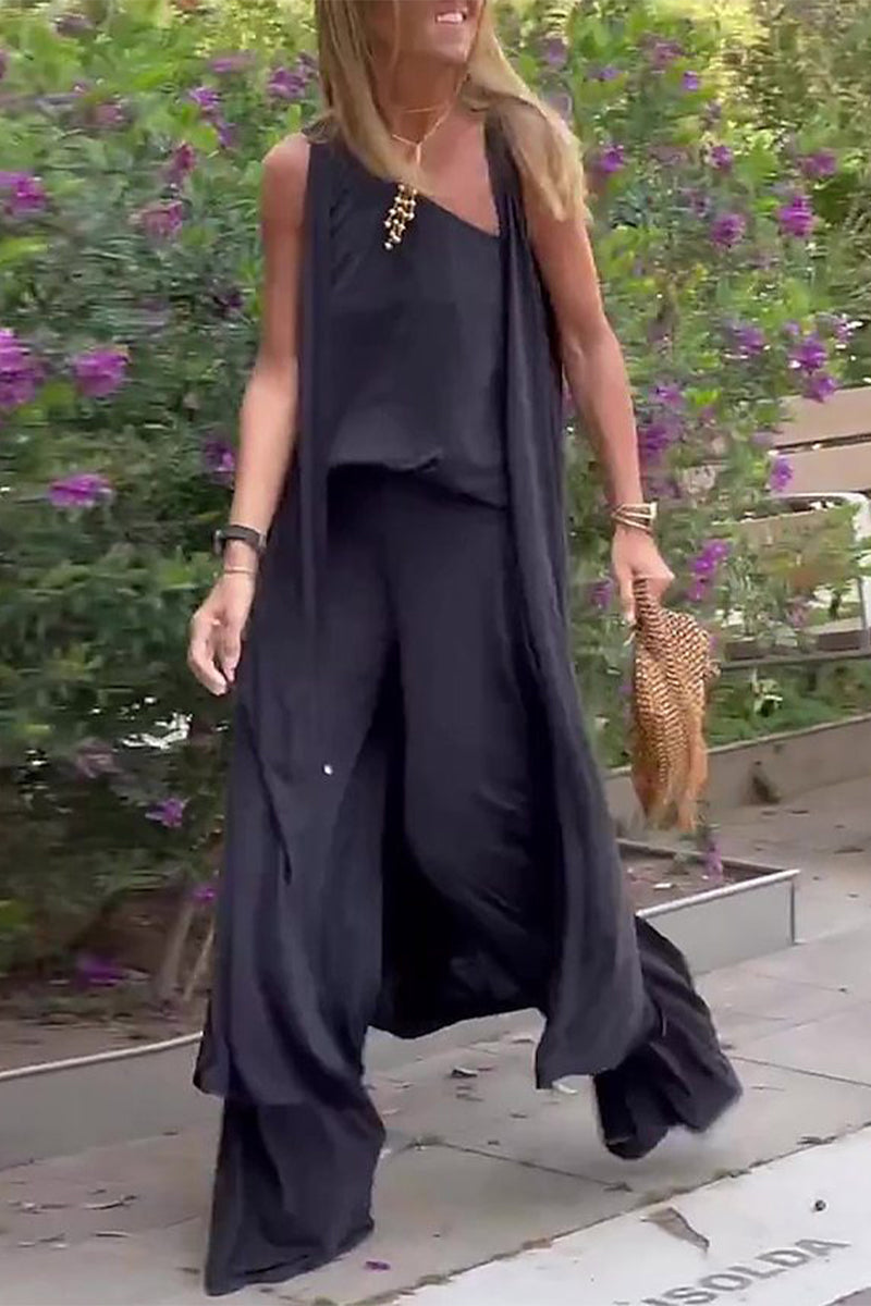 Conjunto informal de tres piezas, liso, con cuello oblicuo y sin mangas