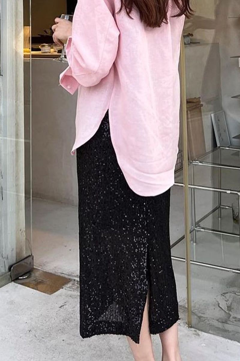 Elegant Solid Sequins Straight Solid Color Bottoms