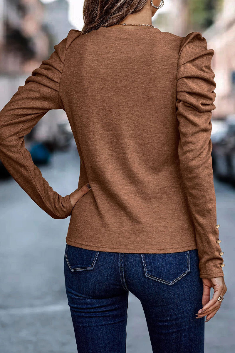 Casual Solid Fold O Neck Tops