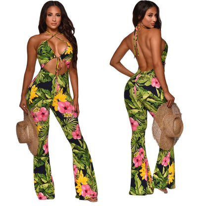 Sexy Strap Women Printed Bell Bottom Pants Jumpsuit