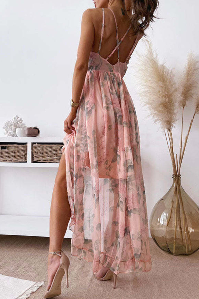 Vestido irregular con escote en V y espalda descubierta con flores dulces