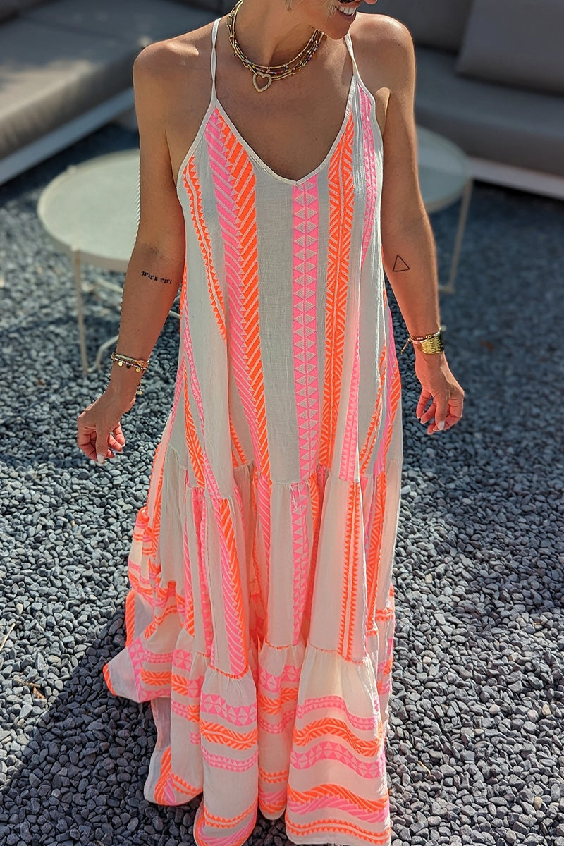Vestido sexy de vacaciones con estampado geométrico, espalda descubierta, escote en V y tirantes.