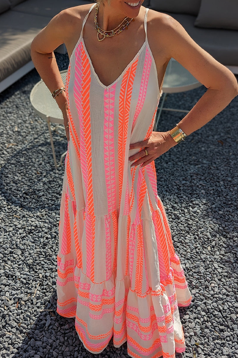 Vestido sexy de vacaciones con estampado geométrico, espalda descubierta, escote en V y tirantes.