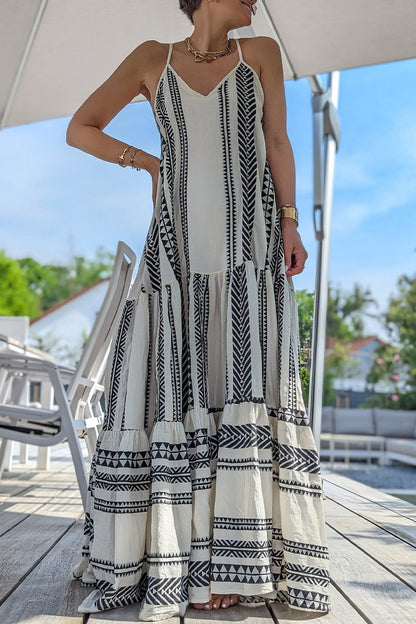 Vestido sexy de vacaciones con estampado geométrico, espalda descubierta, escote en V y tirantes.