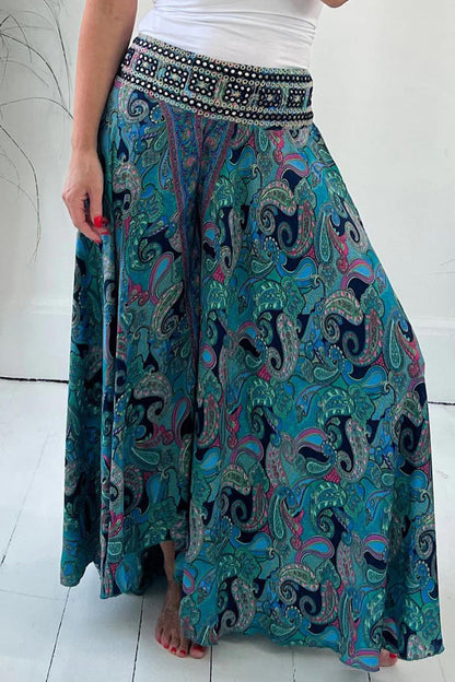 Pantalones casuales con estampado universitario, patchwork, cintura alta, pierna ancha y estampado completo