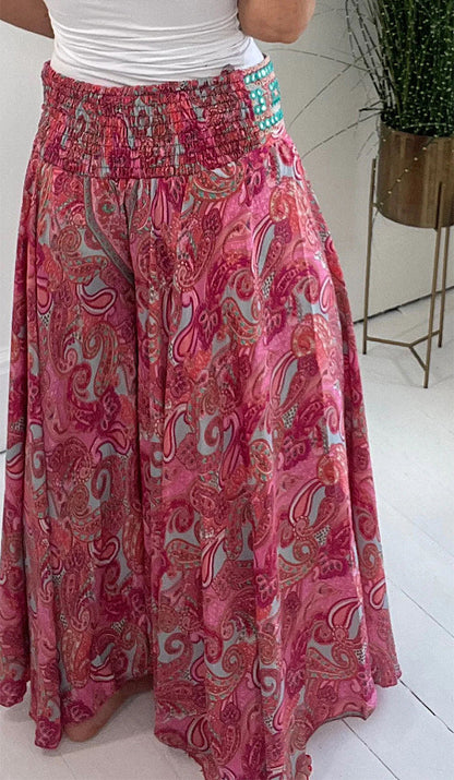 Pantalones casuales con estampado universitario, patchwork, cintura alta, pierna ancha y estampado completo