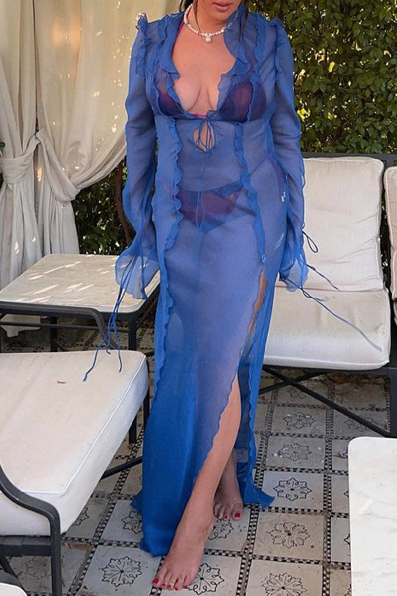 Vestidos sexys de corte A con escote en V transparente y frenillo liso