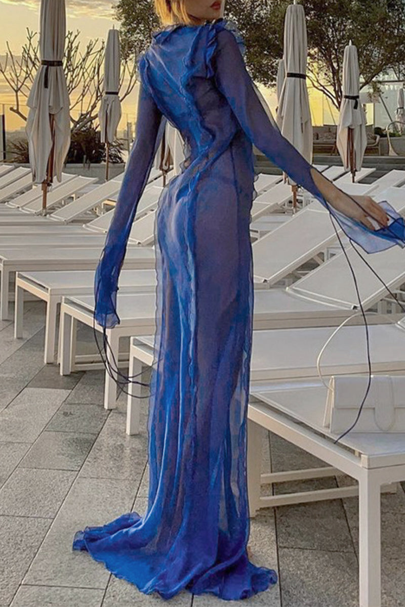 Vestidos sexys de corte A con escote en V transparente y frenillo liso