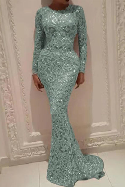 Elegante vestido de noche con cuello redondo y patchwork color bronce