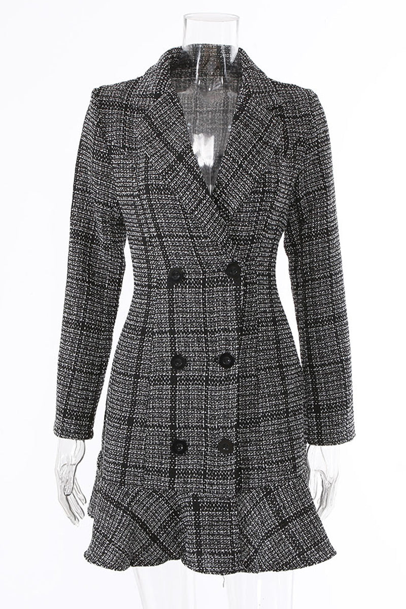 Vestidos elegantes de celebridades con falda y cuello vuelto a cuadros y patchwork